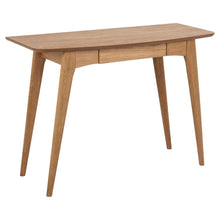 Load image into Gallery viewer, A mid-century modern wooden writing desk with a natural oak finish, featuring a rectangular top, two drawers, and tapered legs, shown against a plain white background.
