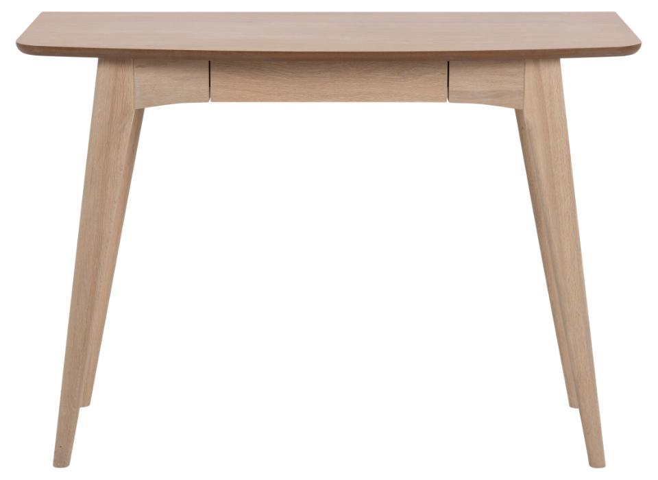 A light oak wood writing desk with a rectangular top, two front drawers, and angled splayed legs, shown against a plain white background.