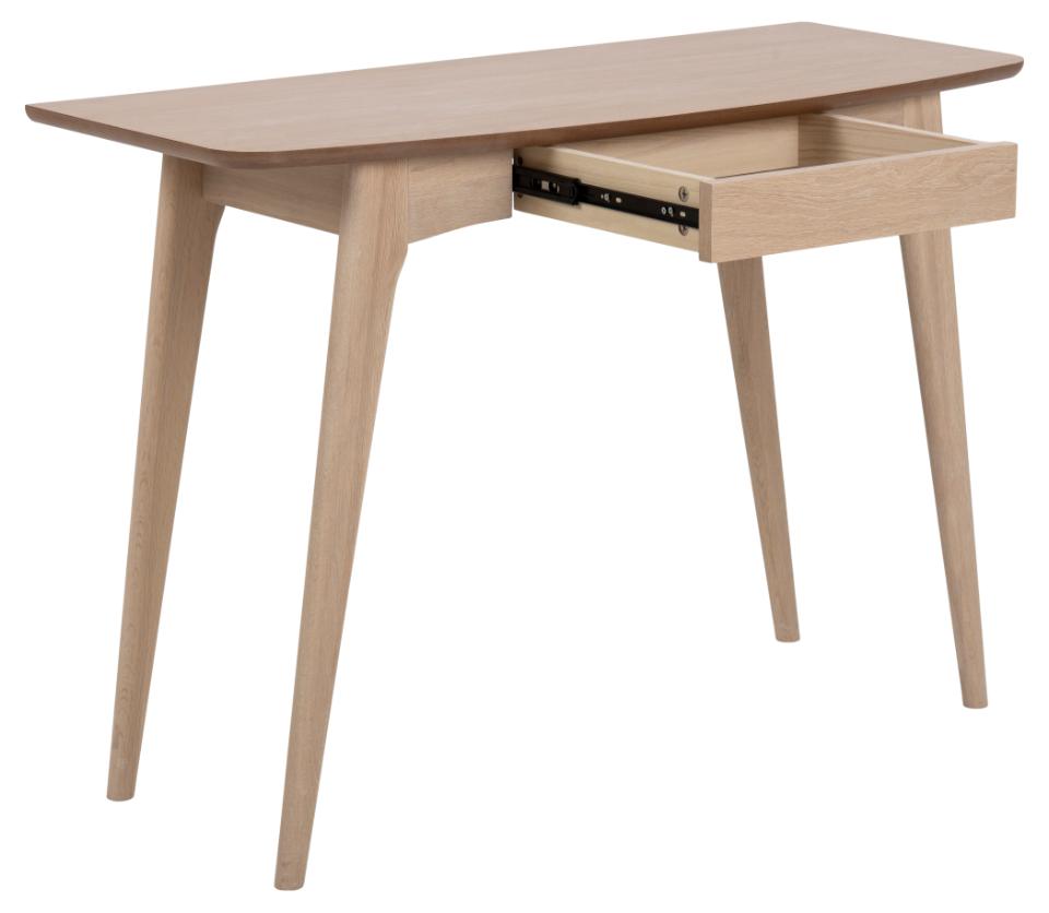Wooden desk with a single drawer on a white background