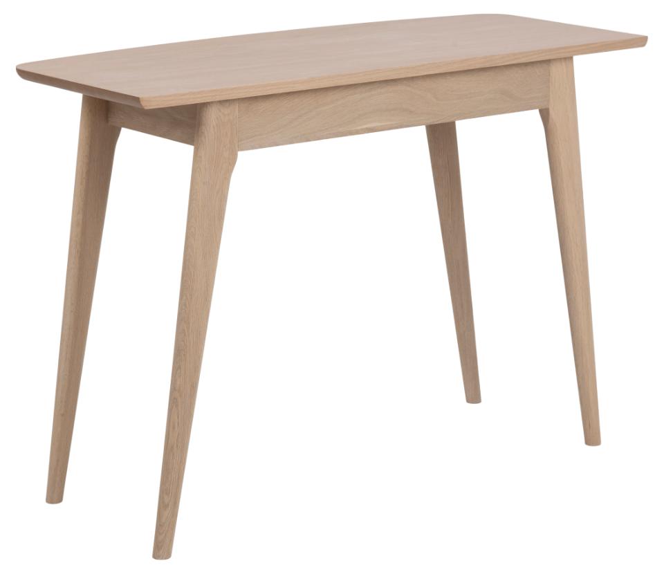 A light natural oak wood writing desk with a rounded rectangular top and four tapered legs, shown on a plain white background.