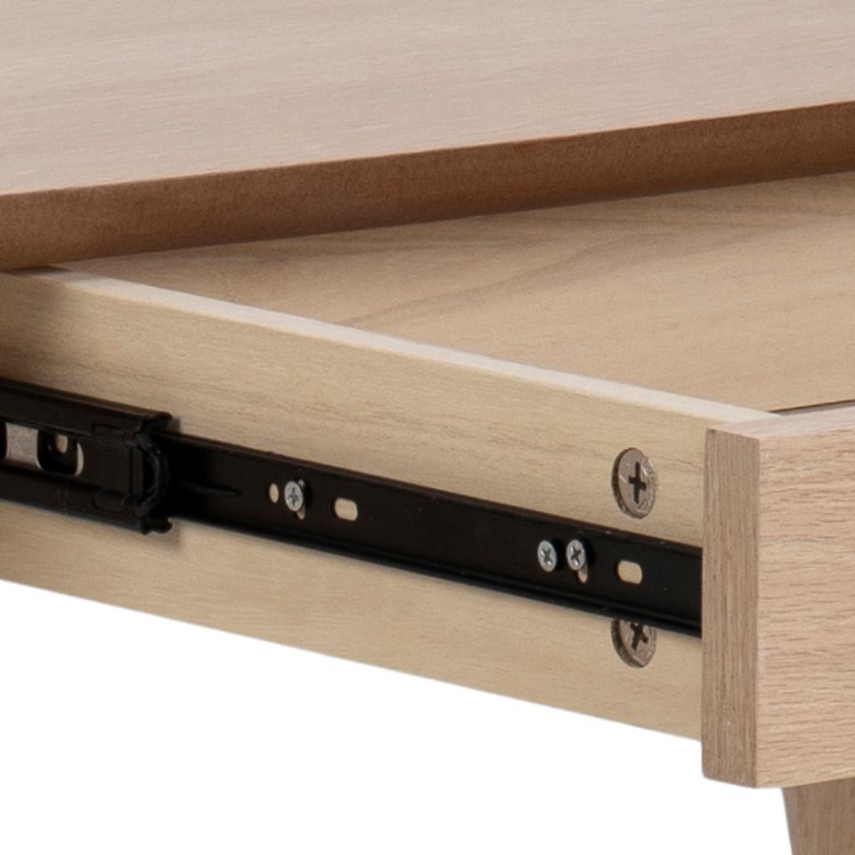 Wooden drawer with a black metal slide mechanism on a light wood background