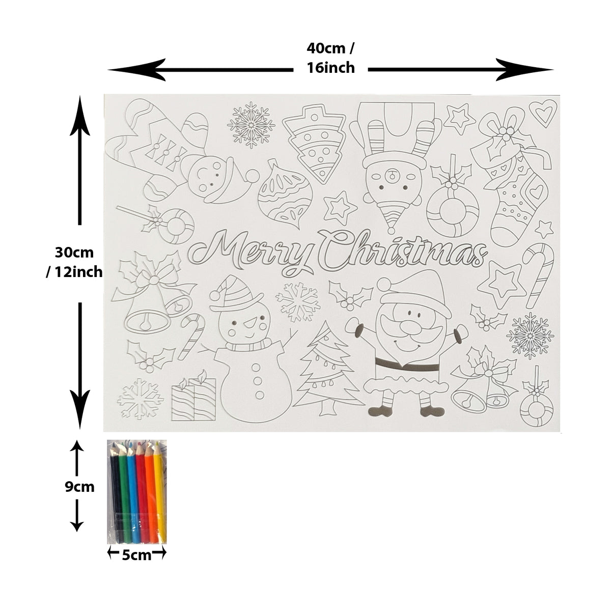A Christmas-themed coloring page or canvas with black outline holiday illustrations and the words “Merry Christmas” in the center, shown with dimension arrows indicating 40cm by 30cm. A small inset at lower left shows a packaged set of colored pencils, 9cm by 5cm.