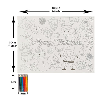 A Christmas-themed coloring page or canvas with black outline holiday illustrations and the words “Merry Christmas” in the center, shown with dimension arrows indicating 40cm by 30cm. A small inset at lower left shows a packaged set of colored pencils, 9cm by 5cm.