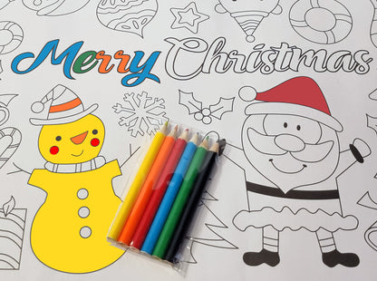 a close up of colouring pencils in various colours on a colour your own placemat featuring a snowman and santa