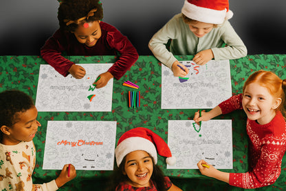 Five children wearing holiday sweaters and Santa hats are sitting around a table, coloring Christmas-themed activity sheets on a green holly-patterned tablecloth.