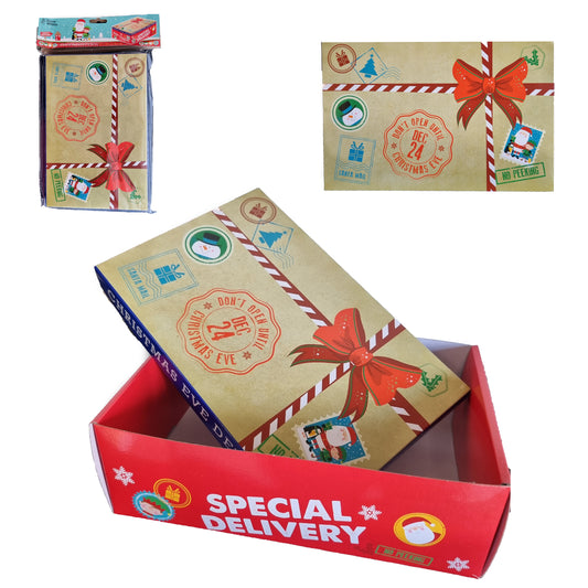 Christmas-themed packaging box with decorative elements and text on a white background