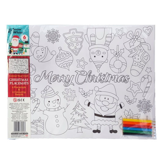 Coloring placemats with Christmas designs and coloring supplies on a white background