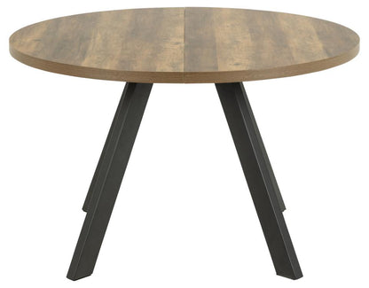 Round wooden table with black metal legs on a white background