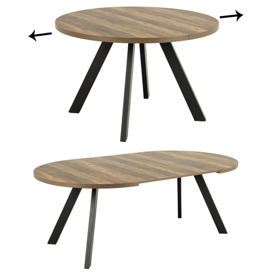 A round dining table with extension leaves, featuring a dark oak look tabletop and black metal base.