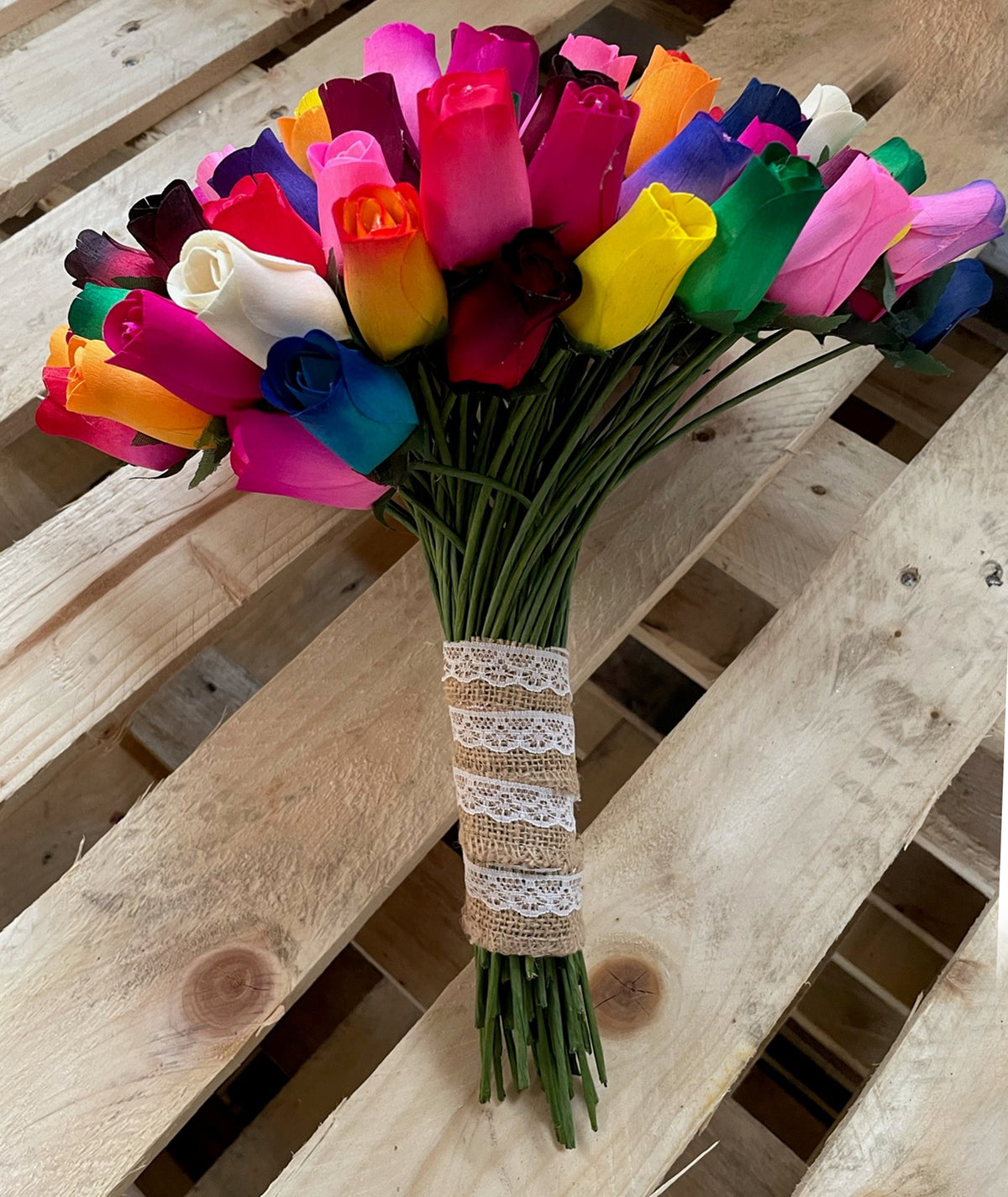 Bouquet of 100 Mixed Bright Colours Wooden Roses - Choose Your Own Colours