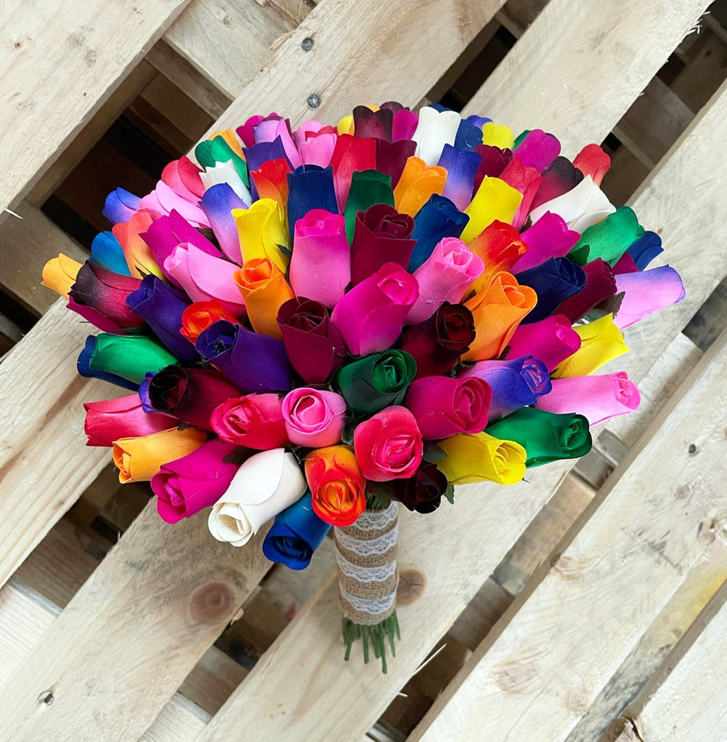 Bouquet of 100 Mixed Bright Colours Wooden Roses - Choose Your Own Colours