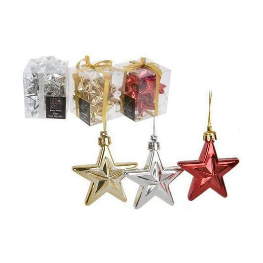 Pack Of 10 Star Christmas Hanging Baubles Tree Trims In Choice Of Gold, Silver, Or Red