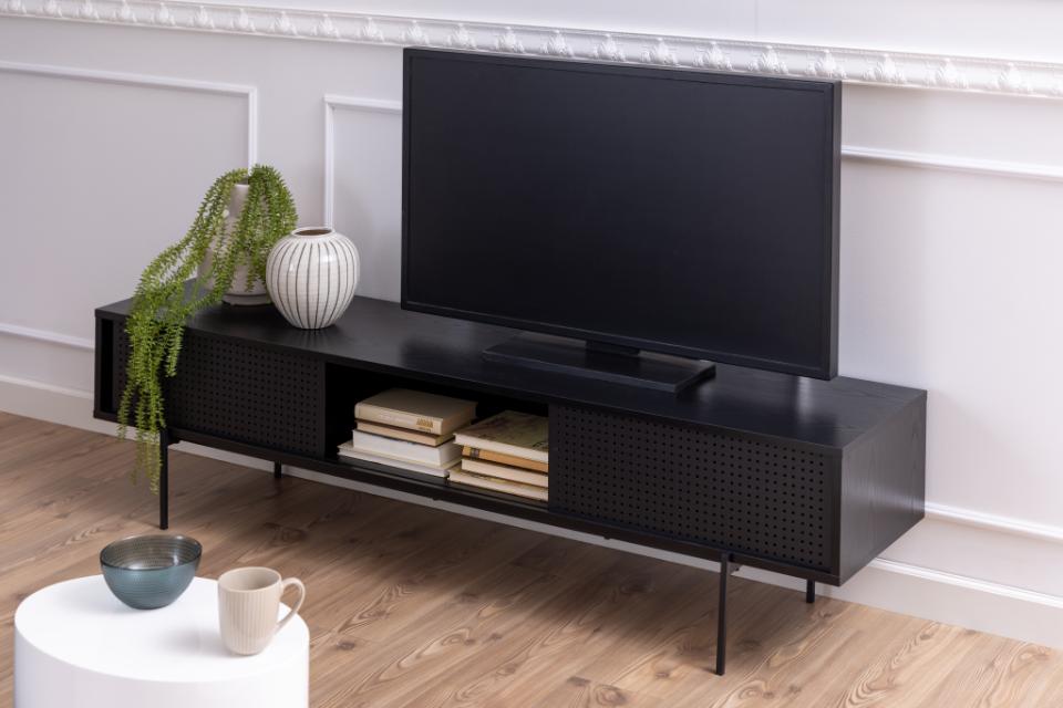 Angus Large TV Cabinet Unit With 2 Sliding Doors In Black 180x40x45cm