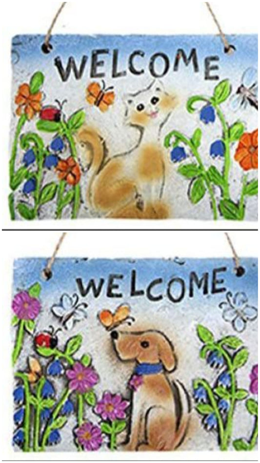 Welcome to the Garden Hanging Stone Sign, Choose Cats Or Dogs