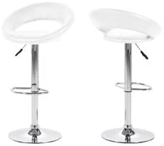 Plump Designer White Bar Stool, Adjustable Height Leather Seat And Backrest With Chrome Base And Footrest