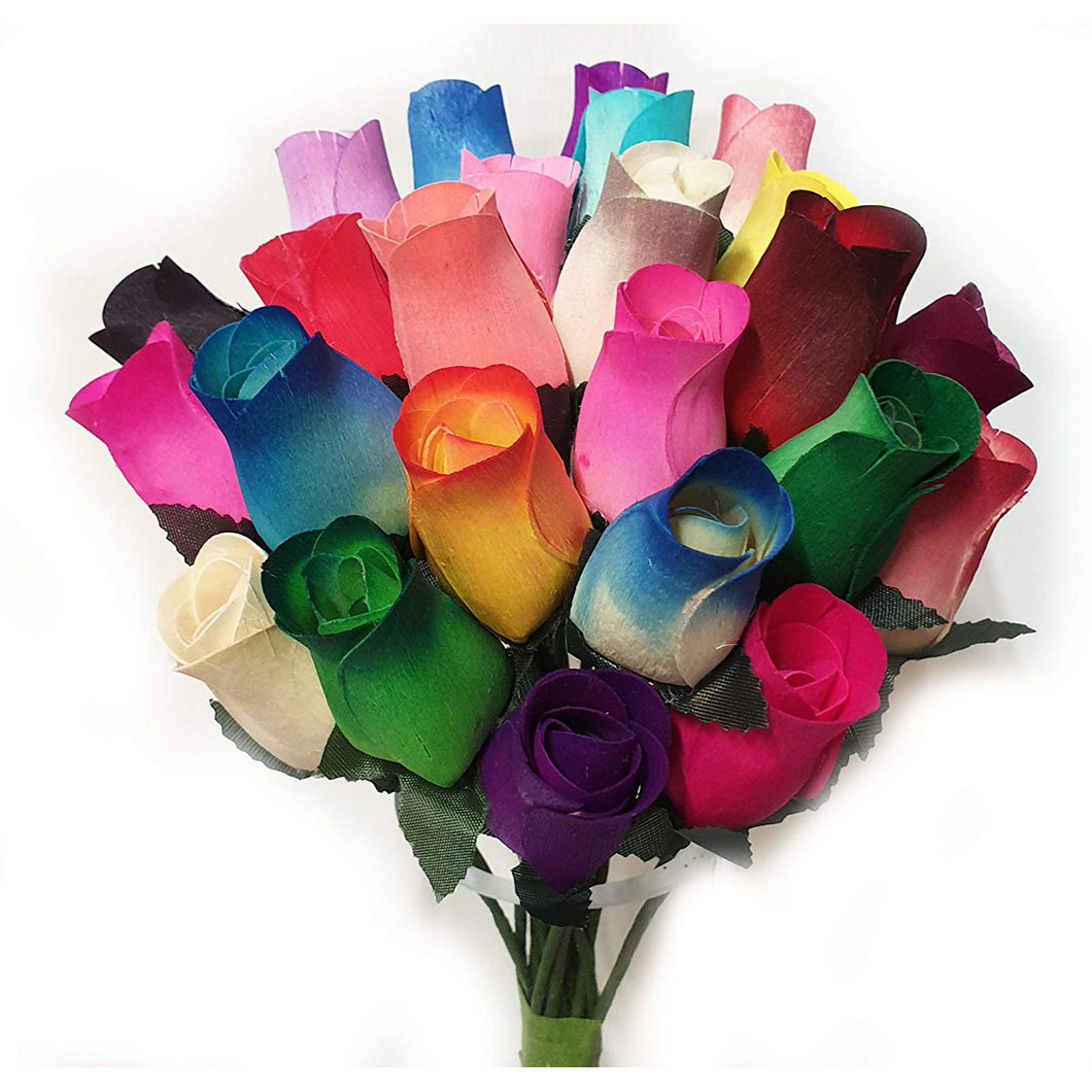 Bouquet of 24 Mixed Colour Single Wooden Rose Bud Stems