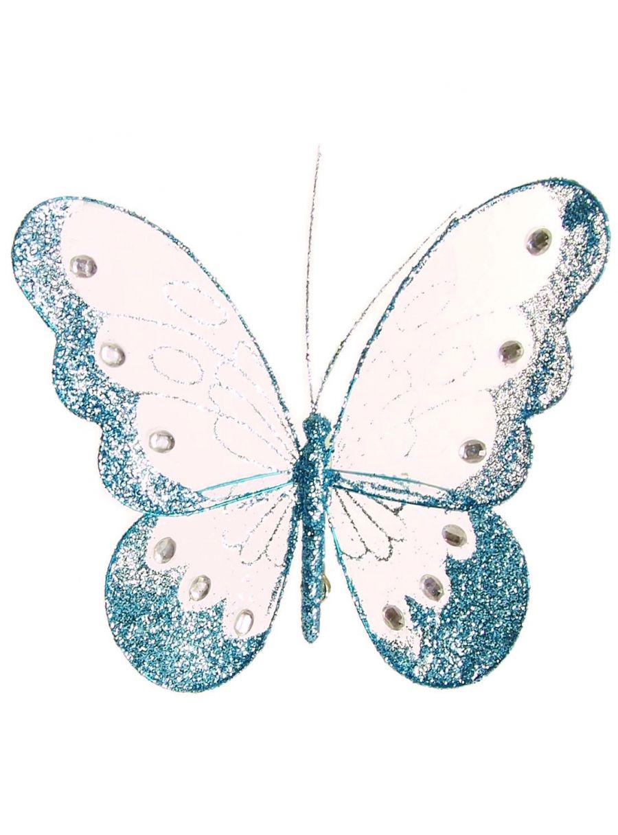 Medium Nylon Glitter Diamante Butterfly Decoration With Metal Clip On Reverse In Various Colours 18cm