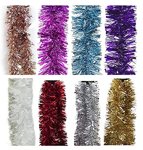 A selection of Christmas tinsel in various colors, including silver, blue, white, purple, pink, red, and gold, each displayed as a long, fluffy garland.