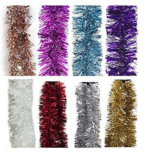 Load image into Gallery viewer, A selection of Christmas tinsel in various colors, including silver, blue, white, purple, pink, red, and gold, each displayed as a long, fluffy garland.

