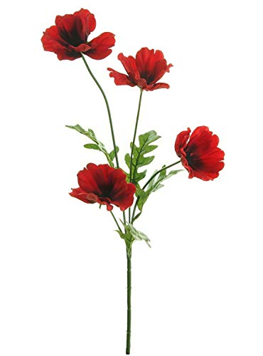 Artificial Wild Poppy Flower Stem With Leaves 4 Heads In Red, Orange, Yellow Or White