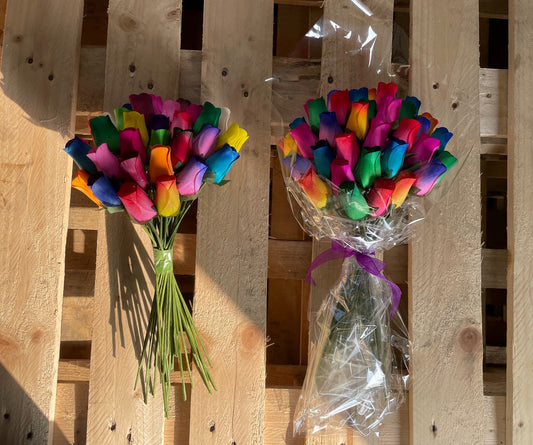 Bouquet of 36 Mixed Bright Colours Wooden Roses - Choose Your Own Colours