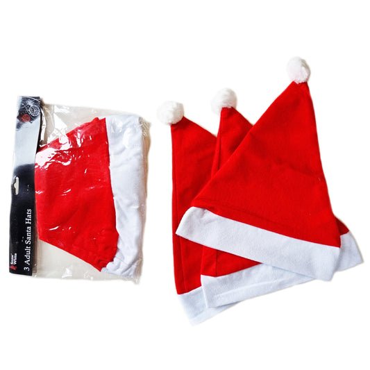 Three Santa Claus hats in red and white, packaged, with one hat displayed in front showing the front view and two hats displayed in the back showing the side views.