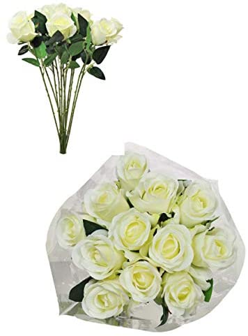 One Dozen Silk Rose Bouquet 12 Single Stem Artificial Celia Roses in Ivory Cream Home Decor Flowers