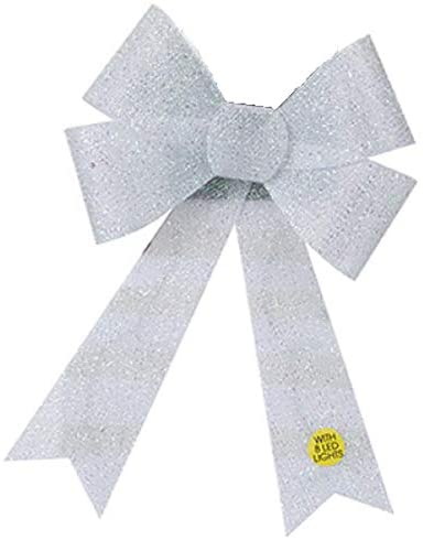 Extra Large Light Up White Tinsel Bow With Flashing LEDs, Battery Operated Christmas Decoration