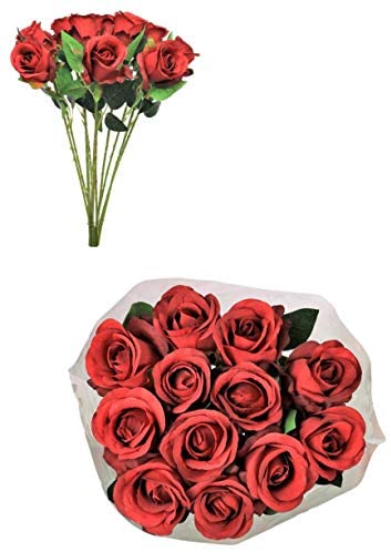 One Dozen Silk Rose Bouquet 12 Single Stem Artificial Celia Roses in Red, Ivory, or Dusky Pink
