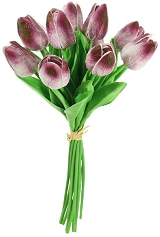 Bunch Of Tulips, 10 Stems Of Real Touch Artificial Hand Tied In A Bouquet With Raffia, Choose From 5 Colours
