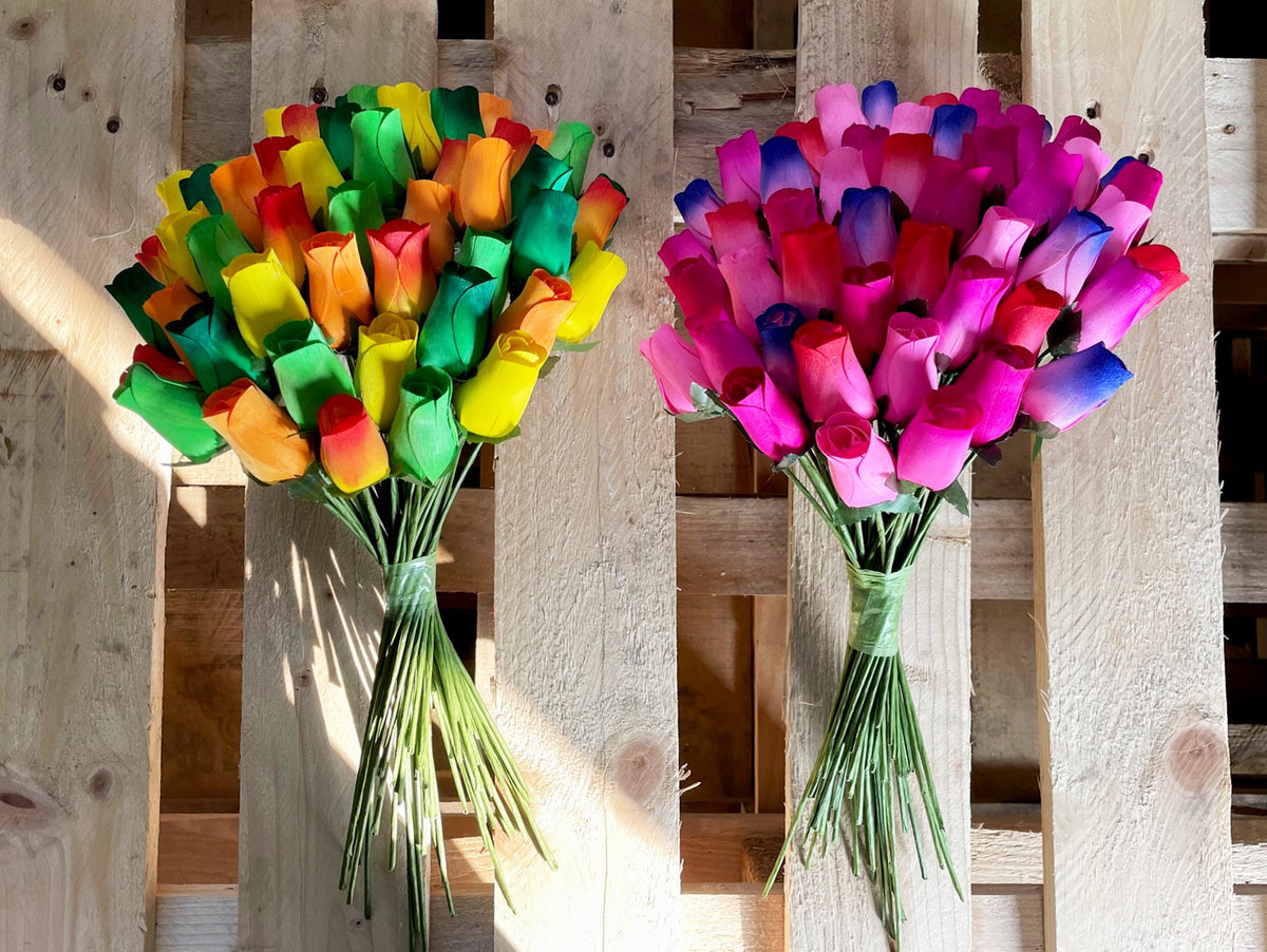 Bouquet of 50 Mixed Bright Colours Wooden Roses - Choose Your Own Colours