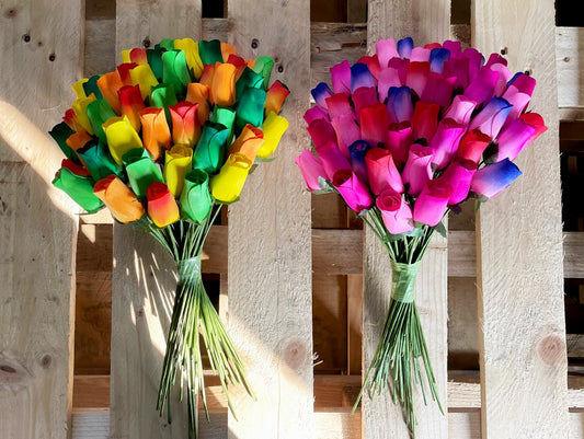 Bouquet of 50 Mixed Bright Colours Wooden Roses - Choose Your Own Colours