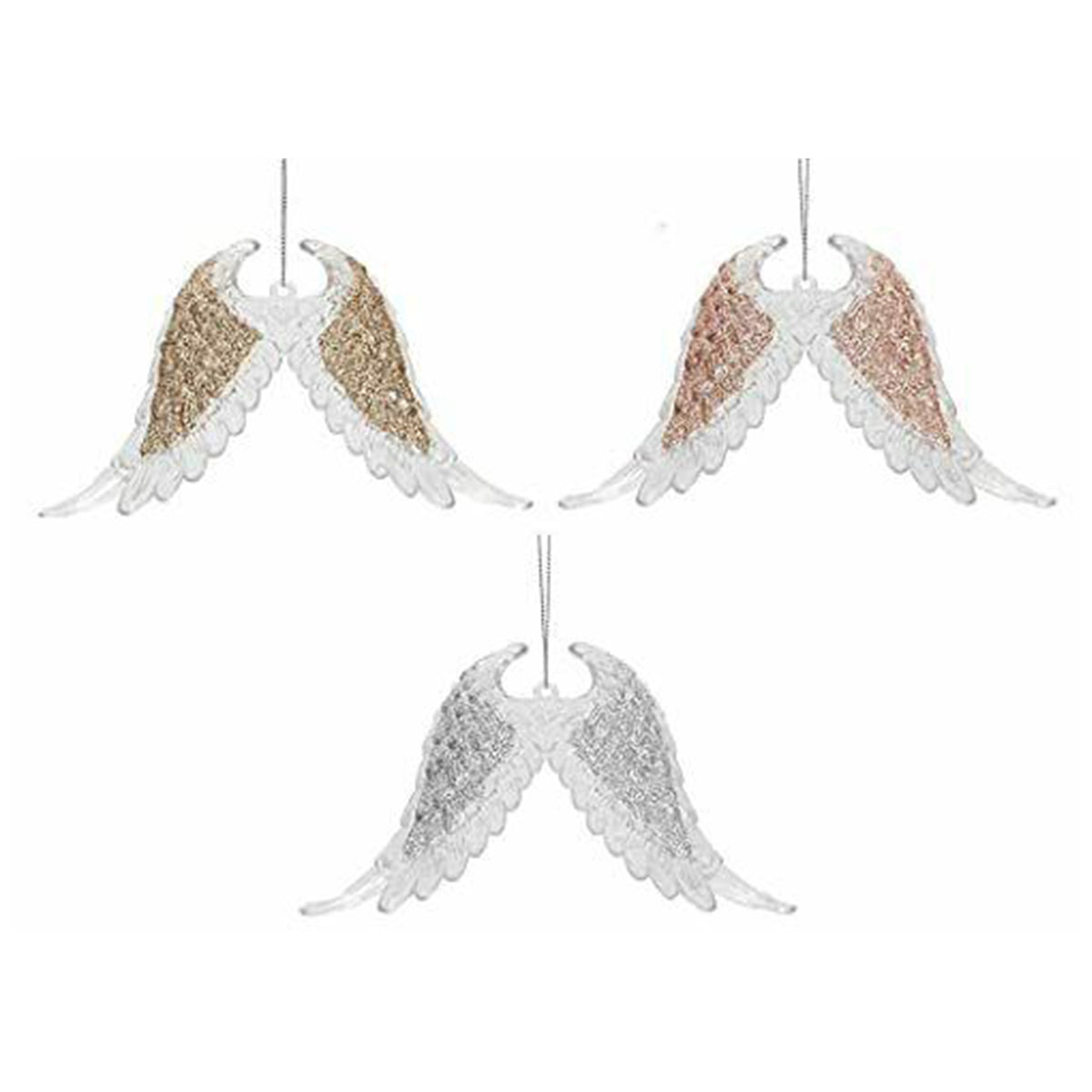 A set of elegant acrylic angel wings with glittery sequin details in rose gold, pale gold, or silver, designed as hanging Christmas decorations.