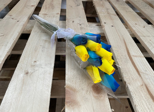 Bouquet of 12 Blue and Yellow Wooden Roses - Sunny Skies