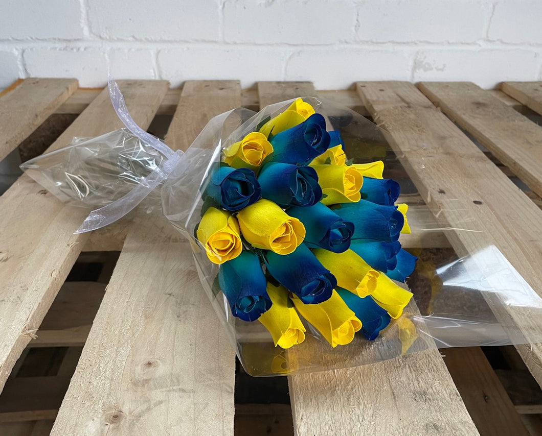 Bouquet Of 24 Mixed Blue and Yellow Wooden Roses - Sunny Skies