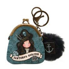 Load image into Gallery viewer, Santoro Gorjuss Black Pearl Clasp Purse with keyring Pom Pom Pirate Skulls and Roses in Teal Blue and Black
