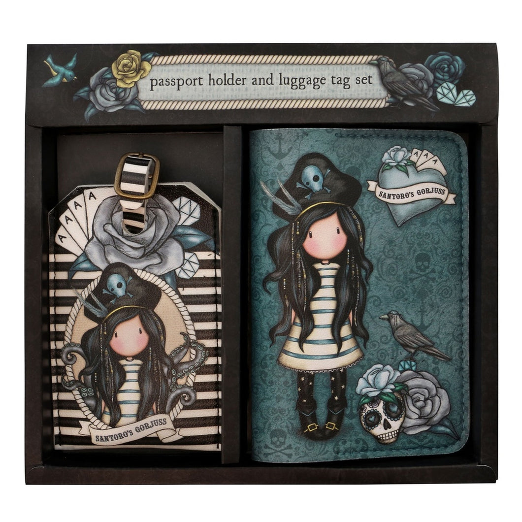 Gorjuss Black Pearl Passport and Luggage Tag Gift Set, Teal and black Cute Pirate Artwork with  Skulls Roses Crow