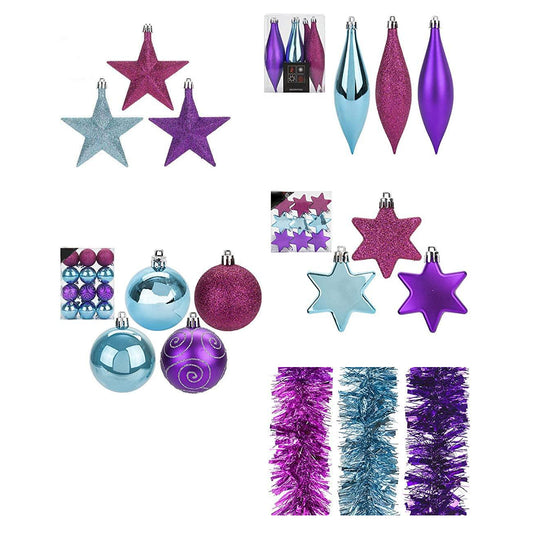 Bright and Colourful Christmas Tree Decorations Modern Brights in Purple, Pink, and Blue Tinsel, and Various Bauble Packs