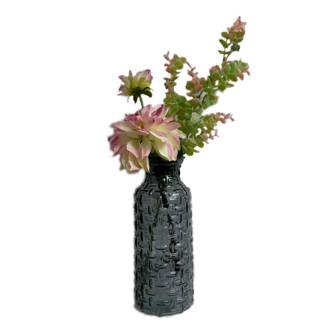 Dahlia and Eucalyptus Blooms in a Tall Vase, Artificial Flower Display in 2 Different Colour Ways: Green & White, OR Charcoal Grey & Pink