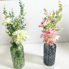 Load image into Gallery viewer, Dahlia and Eucalyptus Blooms in a Tall Vase, Artificial Flower Display in 2 Different Colour Ways: Green &amp; White, OR Charcoal Grey &amp; Pink
