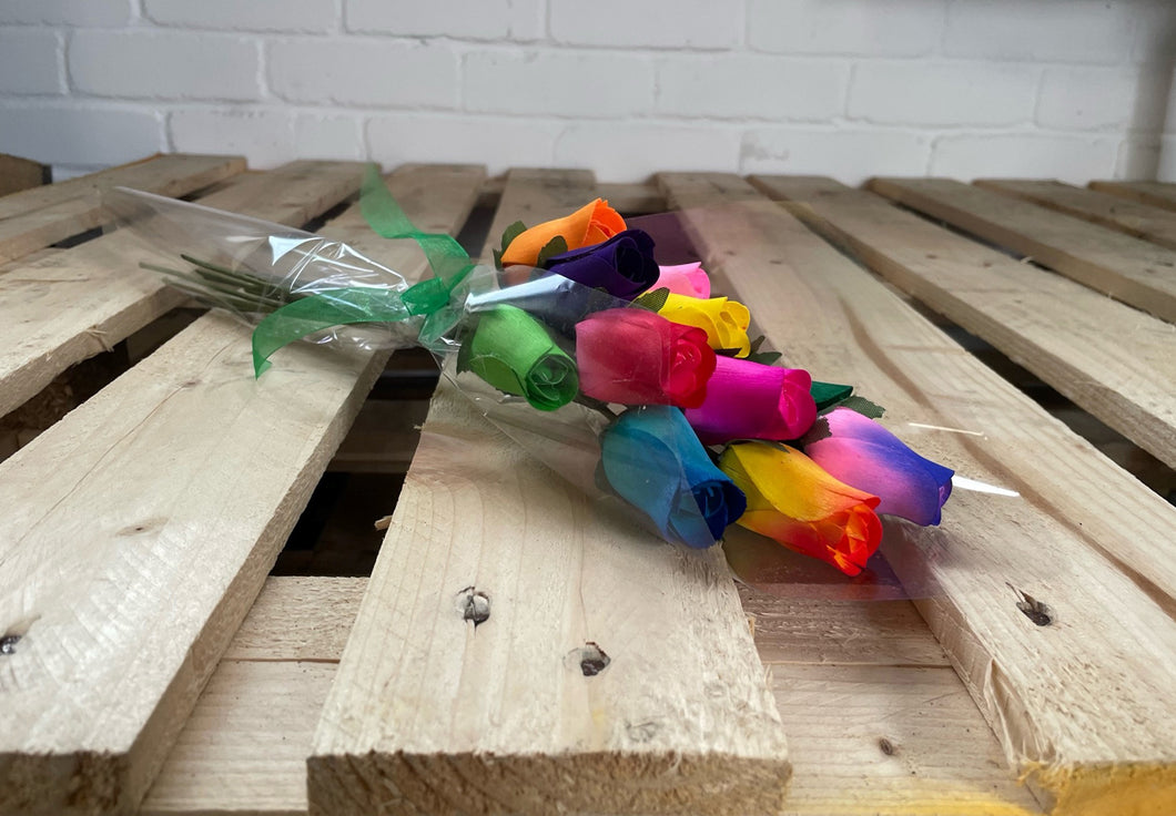 Bouquet of 12 Mixed Colour Wooden Rose Bud Stems