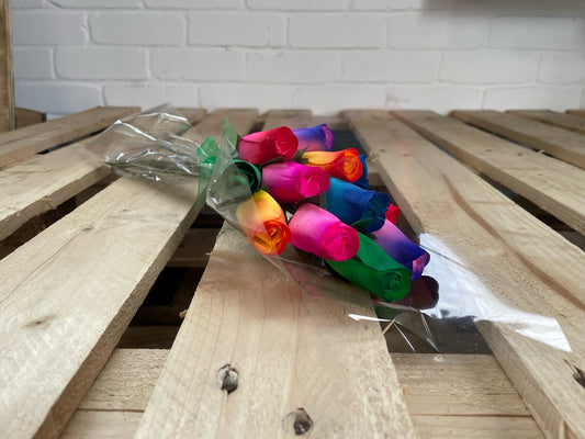 Bouquet of 12 Mixed Colours Two Tone Wooden Roses - Rainbow Ombre