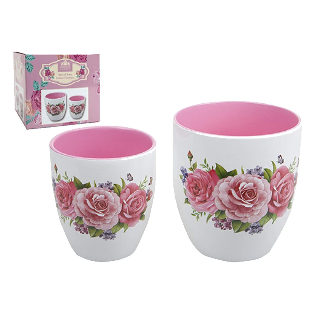 Set of 2 Pink Rose Print Floral Planters