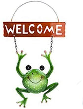 Load image into Gallery viewer, Welcome Garden Sign - Cute Smiling Green Frog Bright Colour Hanging Garden Outdoor Sign

