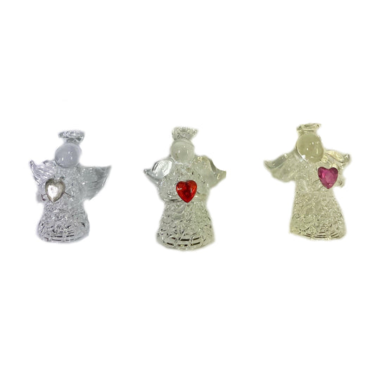 Beautiful Clear Glass Angel With Bright Jewel Heart Gemstone for Christmas Décor, Cake Topper, Table Place Settings and more