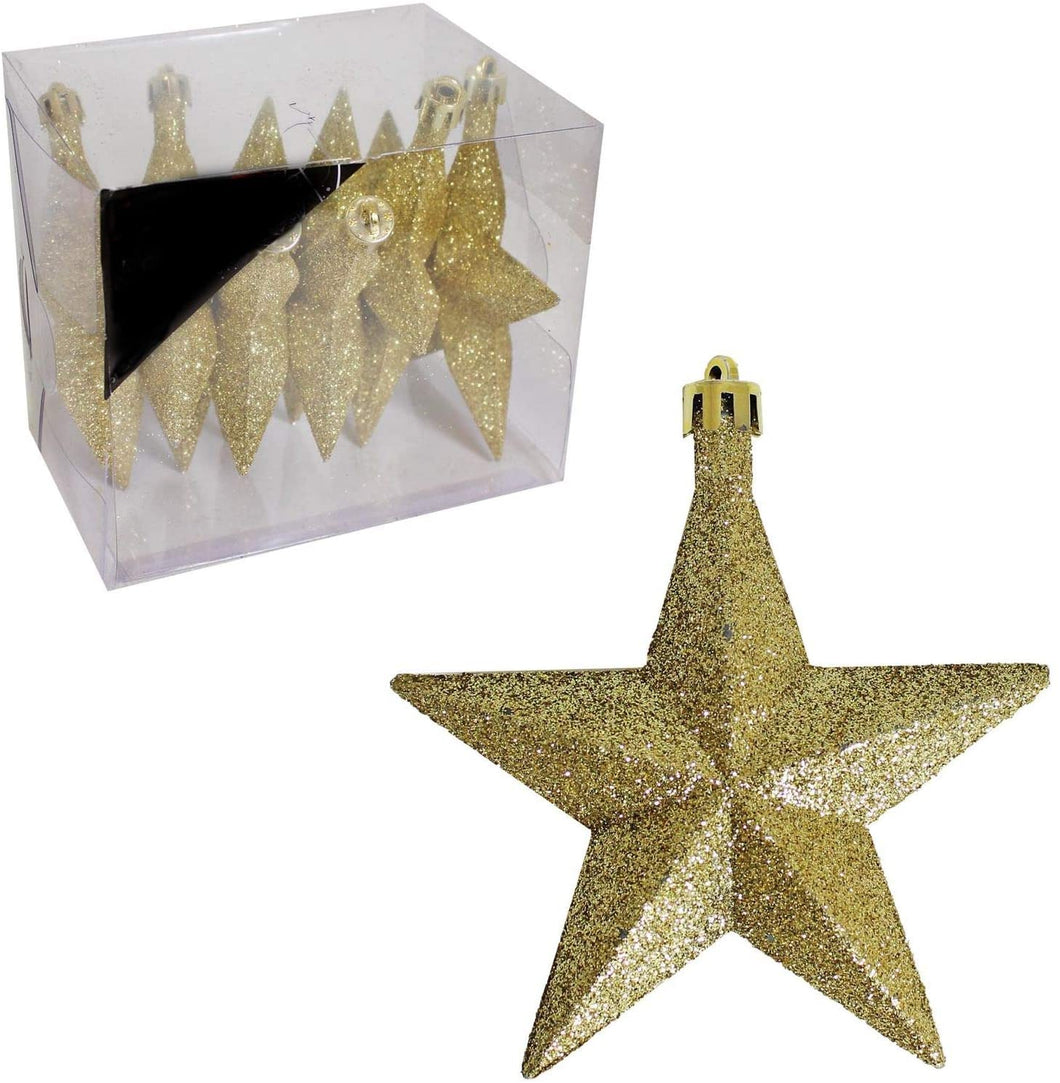 Pack of 6 3D Glittery Stars Hanging Christmas Tree Decorations 10cm Shining Stars in Red, Gold, or Silver