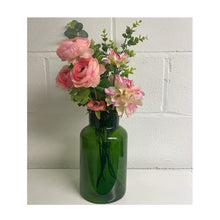 Load image into Gallery viewer, Modern Blush Pink Sage Green Artificial Floral Display with Large Green Vase, Eucalyptus and Dahlia Flowers
