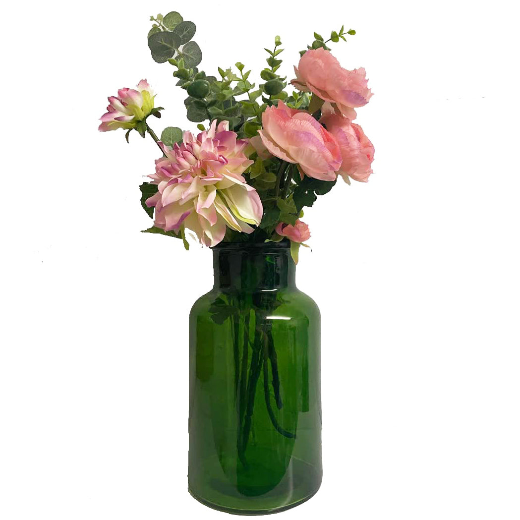 Modern Blush Pink Sage Green Artificial Floral Display with Large Green Vase, Eucalyptus and Dahlia Flowers