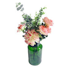 Load image into Gallery viewer, Modern Blush Pink Sage Green Artificial Floral Display with Large Green Vase, Eucalyptus and Dahlia Flowers
