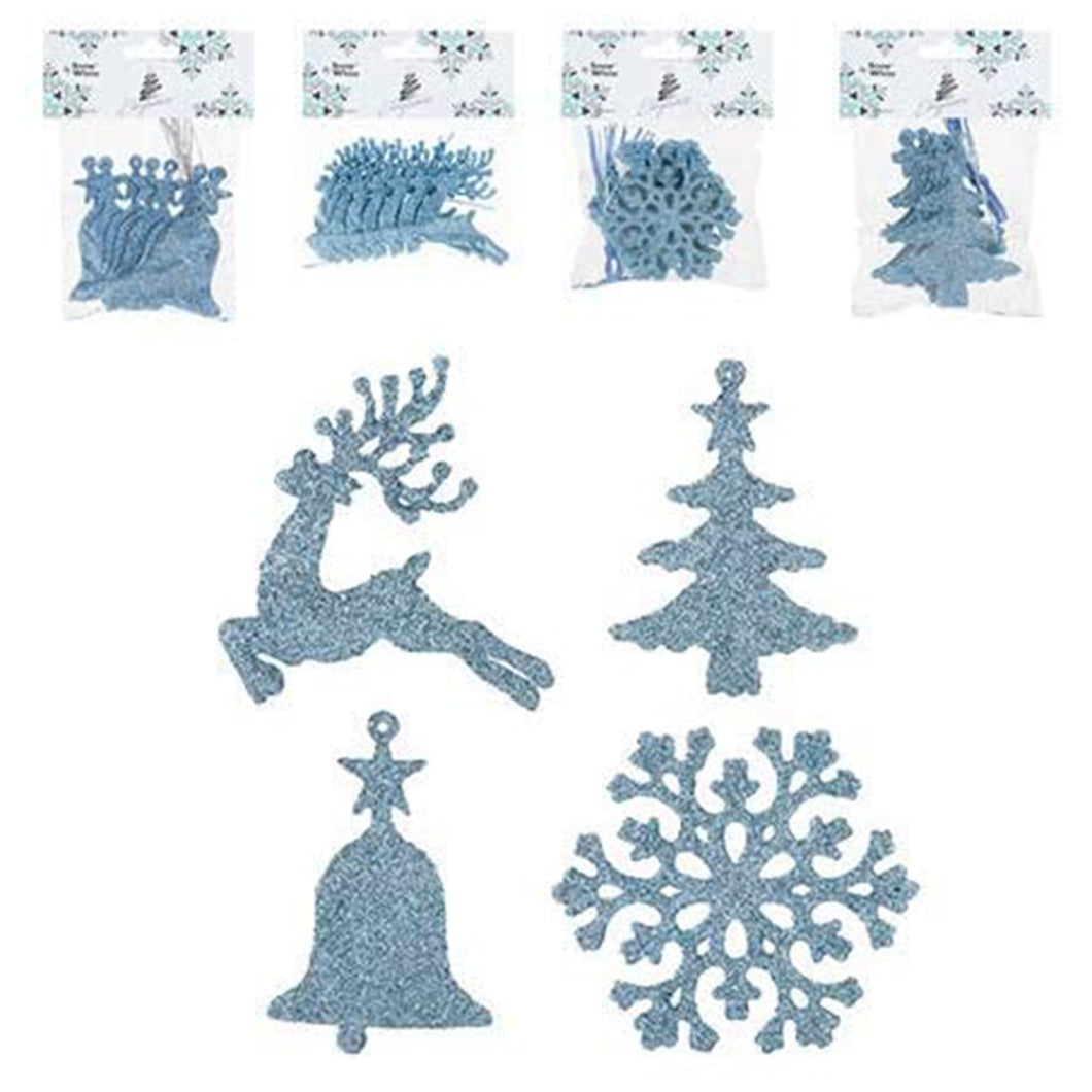 Glitter Ice Blue Hanging Christmas Decorations or Craft or Present Toppers: Trees, Bells, Reindeer, Snowflakes